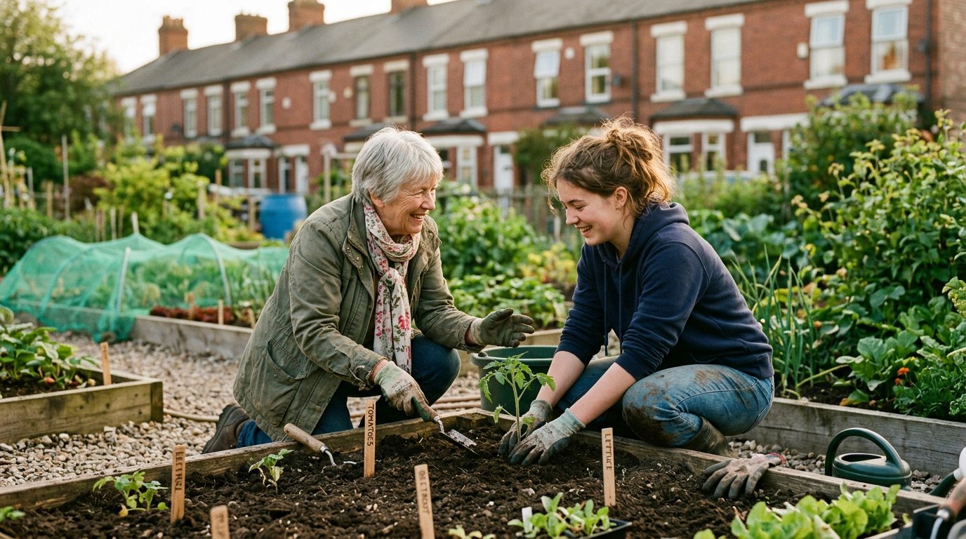 Two volunteers planting together in a community garden